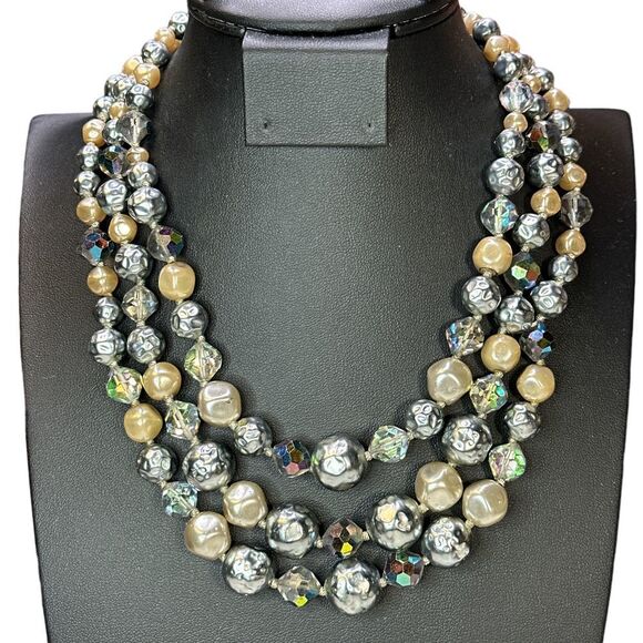VTG Triple Strands Faux Pearl Labradorite Beaded Statement Necklace Rare Clasped - Picture 1 of 10